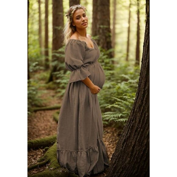 Maternity Dress Photo Props Vintage brown XL Maxi Gown for Pregnancy Photo Shoot - Picture 2 of 8